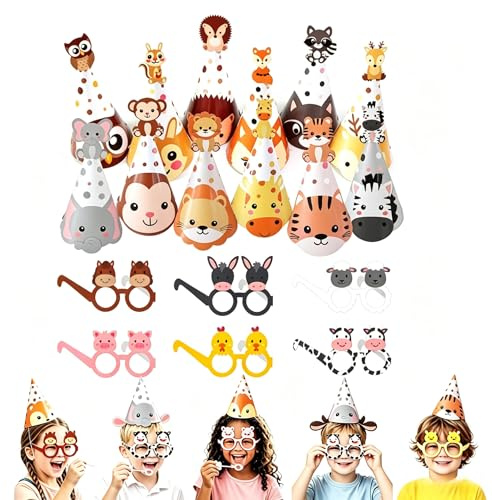 KOQAIIZ 18 Pcs Gorros Cumpleaños Infantil y Gafas de Animales de la Granja, Gorro Fiesta Cumpleaños para Niños, Decoración Temática para Celebraciones y Photocall