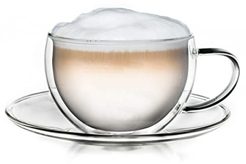 Creano Thermo-Tasse, doppelwandige Tee-/Latte Macchiato Cappuccino Tasse mit Untersetzer | 250 ml