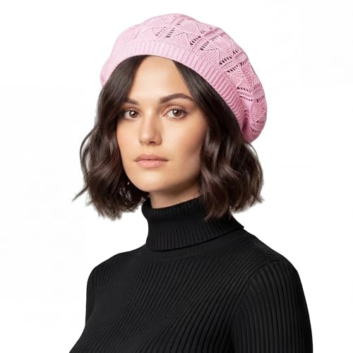 Basic Sense Cotton Crochet Beret for Women - Lightweight Slouchy Beanie for Hair Loss, Thinning & Scalp Sensitivity - Breathable Open Knit French Style Summer Hat