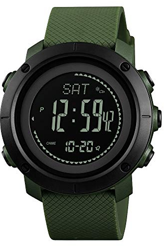 TONSHEN Unisex multifunktionell utomhussportklocka för män och kvinnor LED elektronisk höjdmätare stegräknare kalorier dubbeltidsalarm digital klocka med gummiband rem gRÖN