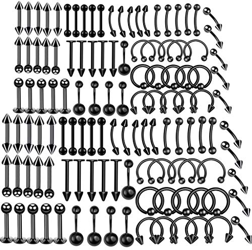 Schwarz Piercing Set damen herren 120x Edelstahl Mix Körperschmuck Studs Barbells schwarz Bananabells für Ohr Lippe Nase Zunge Bauchnabel Augenbrauen Nippel schwarz Piercing Ring Punk 1.2*8mm,1.2*10