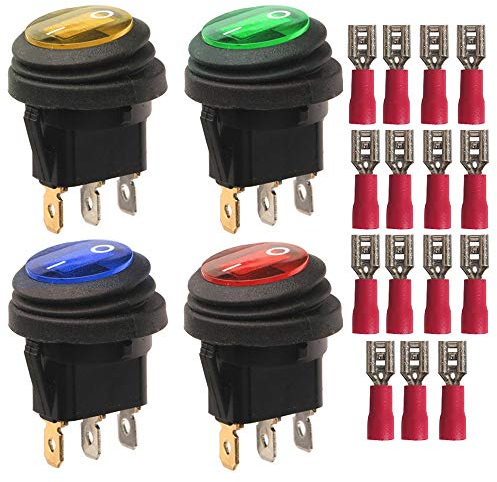 Gebildet 4pcs 230V AC 6A/125V 10A SPST 3Pines 2Posiciones Encendido/Apagado Rojo/Azul/Amarillo/Verde Luz LED Iluminada Impermeable Interruptor Basculante Interruptor de palanca