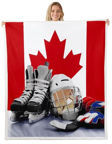 Erosebridal Ice Hockey Throw Blanket Canadian Flag Blanket Boys Teens Sports Game Theme Fleece Blanket Decor Puck Hockey Player Winter Event Sherpa Blanket for Kids Youth Girls Queen Size
