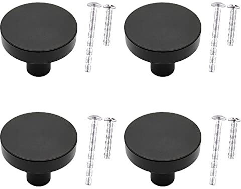 WAenZeeNH 4 Pcs Round Flat Black Cabinet Knobs 30mm - Matte Black Drawer Knobs With Mounting Screws for Cupboard Closet Drawer Door