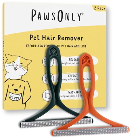 PawsOnly | Pet Hair Remover for Carpet & Sofa | Dog & Cat | Orange & Green | Reusable & Portable Rake | Double-Sided Handheld Plastic Scraper Tool | Fluff Removal for Stairs, Furniture, Bedding, Clothes