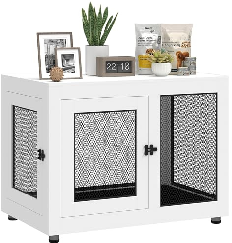 PawHut Jaula para Perros Grandes Estilo Mueble Casa para Perros 94x60x71,5 cm Mesa Auxiliar con 2 Puertas de Pestillo Cojín de Tela Oxford y Rejillas de Acero Blanco