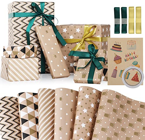 Hianjoo Carta da Regalo, 6 Fogli Carta da Regalo Artigianato con 1 Foglio di Adesivi Regalo 1 Nastro Biadesivo e 4 Nastri per Decorazione Regalo di Compleanno Festa Fai da Te (70 * 50cm)