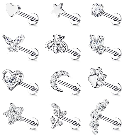 JewBella 12 Stück 16G Knorpel Helix Ohrringe für Damen Herren Chirurgenstahl Innengewinde CZ Mond Herz Stern Blatt Labret Monroe Medusa Nasenstecker Conch Tragus Helix Piercing Silber/Gold