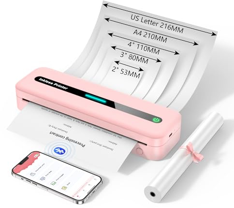 ASprink Mobiler Drucker Bluetooth, Thermodrucker A4 M832 Tragbarer Drucker Nur Thermopapier, 300DPI Portable Printer A4 für Unterwegs, Drucker Klein Kompakt Kompatibel mit Android und iOS - Rosa