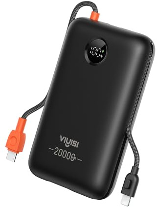 VIYISI Powerbank 20000mAh 30W, Externer Akku Schnellladen mit Integriertem USB-C & Lighting Kabel, LED-Display Kompatibel mit iPhone 17 16 15, Samsung S26 S25, Schwarz