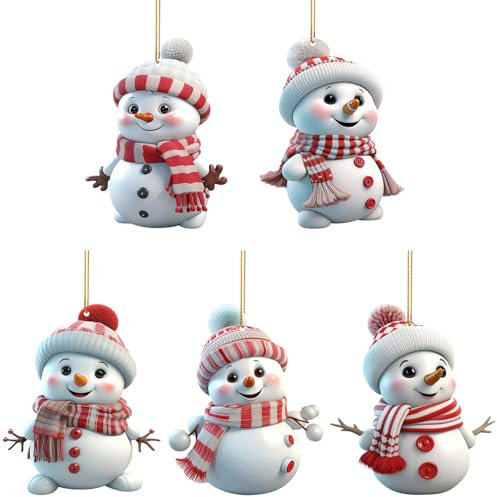 5 PCS Small Ideas 2D Snowman Christmas Ornament Mini Xmas Tree Charms Decoration Set with Strings Santa Craft Present Garden House Window Wall Wreath Party Bag Outdoor Hanging Bauble Decor for Girl