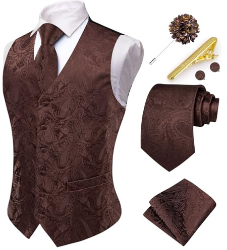 Hi-Tie Ensemble gilet et cravate pour homme avec col en V en soie cachemire formel gilet cravate poche carré ensemble pour mariage