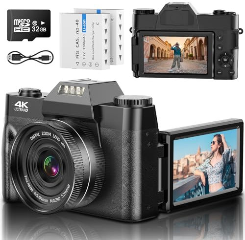 Digitalkamera 4K 48MP Vlogging-Kamera mit 3'' 180-Grad-Flip-Screen, 16X Digitalzoom-Kamera für Fotografie mit Autofokus & 32GB Karte & 2 Batterien für Teens Studenten Kinder Jungen Mädchen