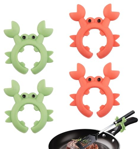 Gosknor 4pcs Crab Spatula Holder, Anti-Scalding Silicone Utensil Holder Crab Utensil Rest Crab Spoon Holder Adjustable Over Spill Stopper for Kitchen Creative Crab Gift (Green, Orange)