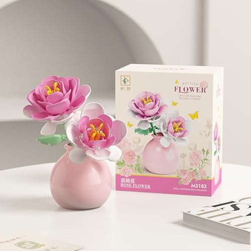 STEFUEWILL17 Flower Bouquet Building Set with Vase - Artificial Rose Flowers Building Blocks, DIY Flower Bouquet for Office and Home Desk Decorations, Good Choice for Gifts