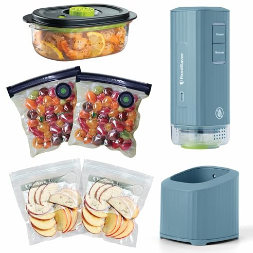 FoodSaver Mini Handheld Vacuum Sealer Machine with Marinate Setting & Charging Dock, Cordless Food Vacuum Sealer for Freezer, Storage, Sous Vide, Meal Prep, Blue