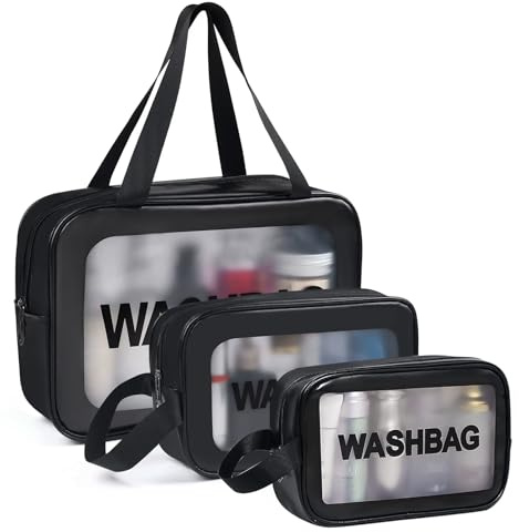 Woobroo Clear Travel Toiletries Bag for Women, 3 Pack Toiletry Bags with Zippers Travel Essentials PVC Waterproof Cosmetic Clear Wash Bag for Girls, Black