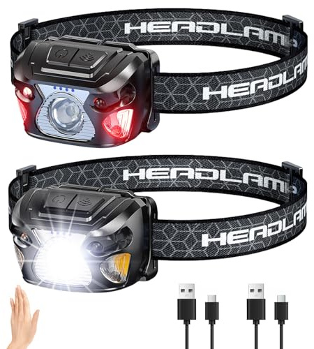 JIASESCS Head Torch Rechargeable,2PCS Headlamp with Red Light,Motion Sensor,6 Lighting Modes,Long Runtime,Lightweight and Waterproof Headtorch for Kids Adults Hiking,Running,Night Fishing and Camping