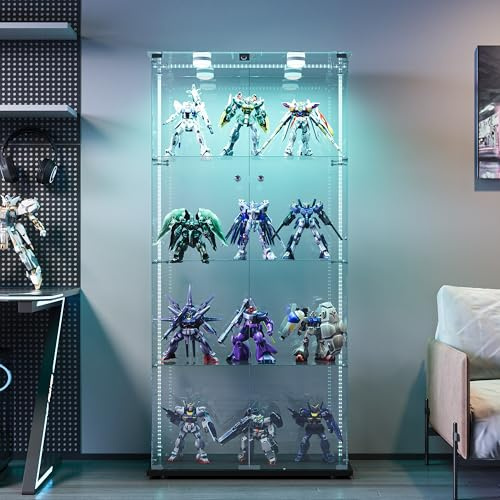 Vitrina de vidrio de 3 capas con luz LED y una puerta, vitrina de vidrio templado con cerradura, vitrinas de colección independiente, estantería para sala de estar (Negro, 4 Capas 2 Puertas-A)