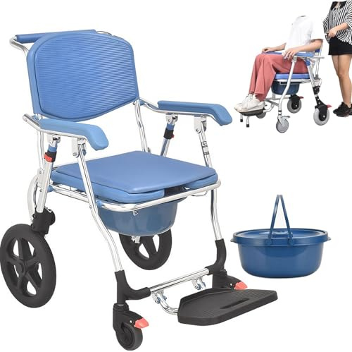 Chaise Percée À Roulettes 3-en-1 Sièges De Toilettes, Chaise De Douche Pour Personnes Âgées | Chaise Percée Adulte, Fauteuil Sièges De Toilettes Et WC Pliant Seau Amovible, Accoudoirs, Repose-pied