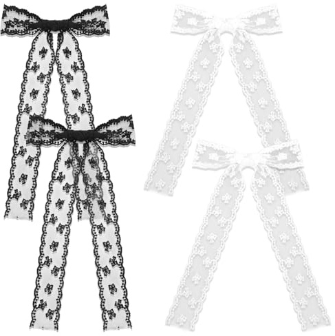 4 PCS Cute Lace Bows for Hair White Black Hair Ribbons Lace Tulle Bows Metal Clips with Long Tail Ribbons Cute Bow Barrette Large Long Tulle Bowknots Barrettes for Wedding Halloween Gothic Dress Decor