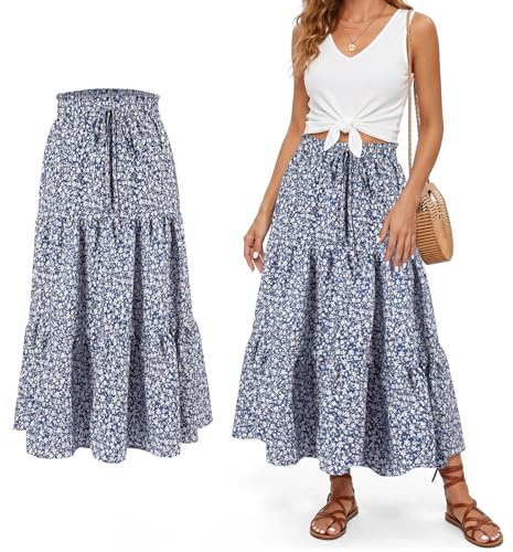 Aomig Falda Larga Mujer, Faldas Mujer de Estampado Floral Vintage, A-Línea Faldas Elástica, Faldas Mujer Verano Elegante