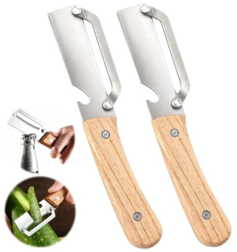 2 Piezas Pelador Verduras Multifunción, Pelador de Cocina 2 en 1 con Abrebotellas, Mango de Madera Ergonómico, Pelador de Frutas y Verduras para Patatas, Manzanas, Zanahorias y Calabazas