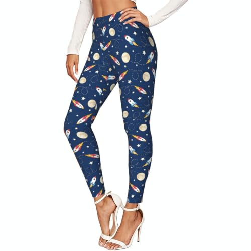 Dam raket i rymden tryck stretch leggings, fitness löpning ledig ogenomskinlig