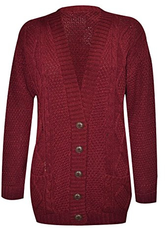 Purple Hanger New Womens Everyday Long Sleeve Button Top Ladies Chunky Aran Cable Knit Grandad Cardigan (12-14 ML, Burgundy)