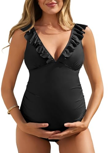 Summer Mae Maternity Swimsuit V-Neck One Piece Swimsuit Ruffled Lace Up Monokini Black L