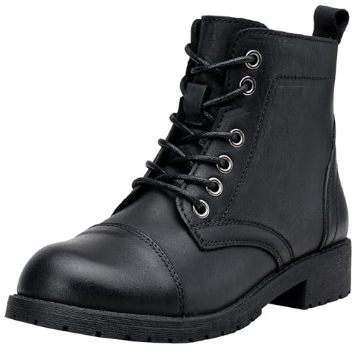 Vepose Women's Leather Ankle Boots, Lace Combat Booties, 910L - Black, Size 8 US - with Inside Zipper (CJY910L Black 08)