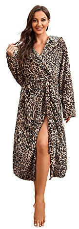 HEARTNICE Womens Hooded Fleece Robe, Soft Bathrobe for Womens,Cute Long House Coat (Leopard Print Hooded, L/XL)