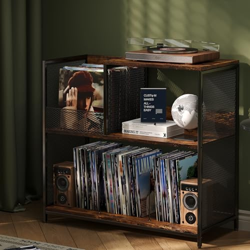 Huxitocan Soporte para tocadiscos de 3 niveles con capacidad para hasta 300 álbumes con 4 separadores ajustables para soporte giratorio, mesa grande vintage con soporte para discos de vinilo, patente