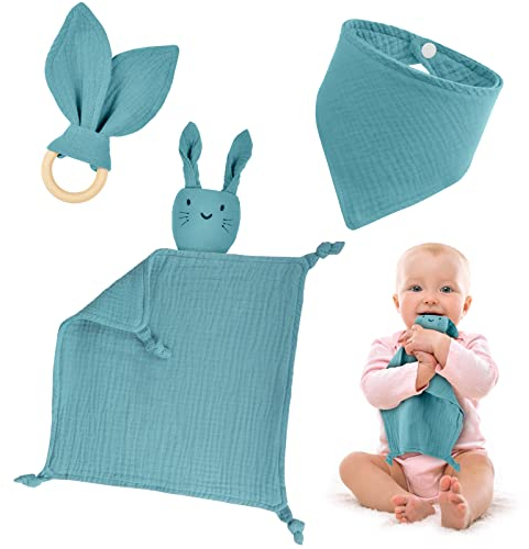Vicloon Baby Geschenk Junge Mädchen Neugeborene, 3-Teiliges Neugeborenen Geschenk mit Musselin Schnuffeltuch + Beißring + Lätzchen, Hase und Beißring Holz und Lätzchen Baby für Jungen & Mädchen - Blau