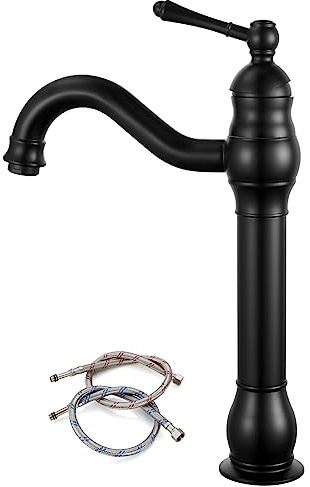 gotonovo Vessel Sink Faucet 360° Swivel Spout Single Handle Tall Bathroom Faucet 1 Hole Farmhouse Lavatory Washbasin Mixer Tap Matching Supply Hoses, Without Pop Up Drain, Matte Black