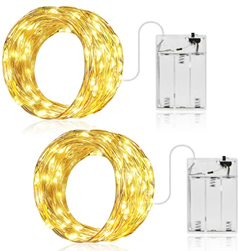 Ollny Fairy Lights Battery Operated - 2 Packs 10m 100 LEDs Christmas String Lights for Bedroom, Waterproof Micro Cooper Wire Fairy Lights for Indoor/Outdoor/Outside/Bottle/Tree Decorations(Warm White)