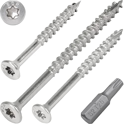 SCREW REBEL Tornillo para madera de acero inoxidable A2, 4,5 x 60-200 unidades, con rosca parcial y diente de sierra, punta de corte, accionamiento Torx TX20, incluye broca S2