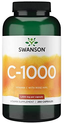 Swanson, C-1000, Vitamina C (Acido Ascorbico), 1000 mg, con Rosa Canina, 250 Capsule, Altamente Dosato, Testato in Laboratorio, Senza Soia, Senza Glutine, Non OGM
