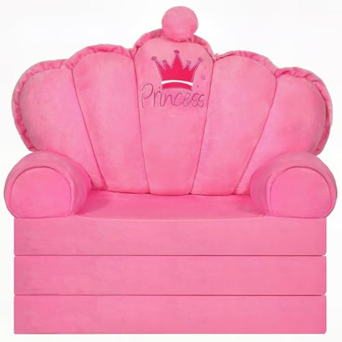 harhoers Pink Princess Toddler Couch, 2-in-1 Foldable Sofa Bed & Chair for Kids 1-5, Space-Saving for Small Rooms, Fits Multiple Spaces, Flexible Layout, Comfy Crystal Velvet, Playroom Gift