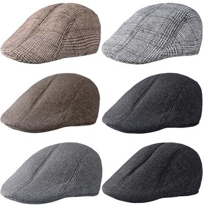 Newcotte 6 Pcs Newsboy Cap for Men Classic Herringbone Tweed Flat Cap Irish Beret Hat for Cabbie Driving Hunting (Vintage,Small-large)