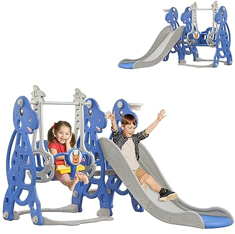 SUBTLETY Scivolo per bambini 4 in 1 per bambini, per interni ed esterni, con cestino da basket, altalena e torre da arrampicata, scivolo da giardino per bambini a partire da 1 anno (tipo B)