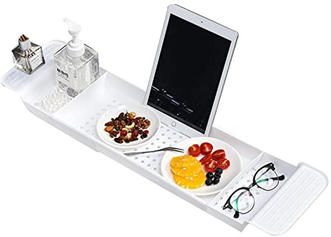 Mensola estraibile per vasca da bagno in plastica per vasca da bagno e supporto per candela, vino, tazza, sapone, libro e telefono per tablet per spa, bagno