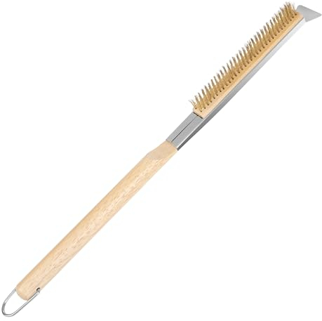 Winter Shore Juego Cepillo Limpieza y Raspador Piedra Pizza de 53 cm - Espátula Acero Inoxidable, Cerdas Latón No Rayan, Mango Madera - Cepillo Barbacoa Calidad Alimentaria Horno Portátil y Exterior