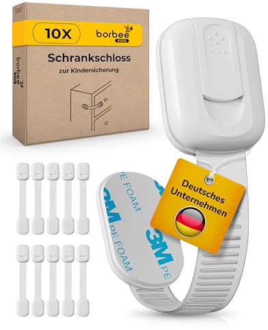 borbee - 10er Set Universal Kindersicherung Schrank & Schubladensicherung (verstellbar) Extra starker Halt - Baby & Kinder Schranksicherung für Schublade, Schranktür, Kommode, Backofen, Klodeckel
