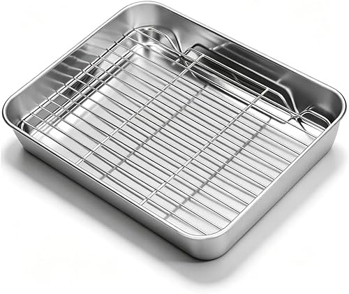 Leopacat Plaque de Cuisson Avec Grille Refroidissement, Plat pour Four et Grill de Cuisine Plaque Pâtisserie et Grille Antiadhésif et Lave Vaisselle pour Pâtisserie et Viande (23.5 * 17.5 * 5 cm)