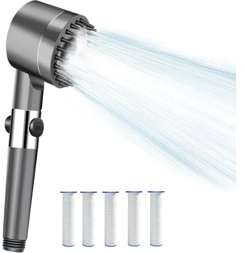 Soffione doccia ad alta pressione con 5 filtri PP, doccetta doccia con 3 + 1 tipi di getto, soffione doccia a pioggia, funzione stop, per bagno per animali domestici