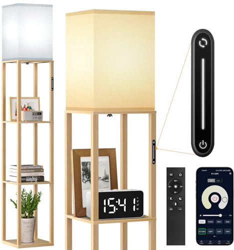 OUTON Lampada da Terra con Ripiani Dimmerabile, Lampade da Terra Legno con 4 Temperature di Colore e 1H Timer, Telecomando, App e Controllo Touch, Piantana per Soggiorno, Camera e Ufficio (Legno)