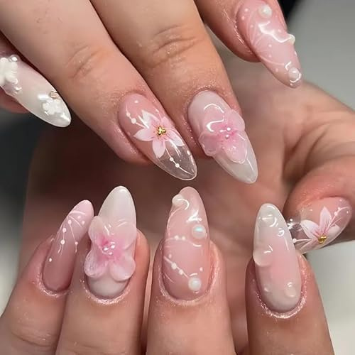 GlamRays 24 pezzi 3D Flower Press on Nails Medio Mandorle Unghie finte con fiori in rilievo, colore rosa lucido