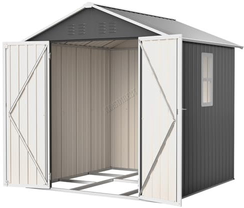 BIRCHTREE Garden Shed Steel Apex Roof House Outdoor Backyard Storage With Lockable Double Doors Window Free Foundation Tool Equipment Organizer Air Vents 6x6FT Anthracite