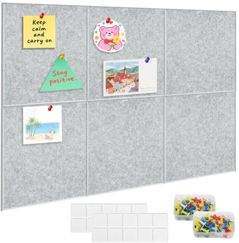 Lot de 6 grands tableaux d'affichage en liège pour mur, 30 x 30 cm, carreaux muraux en feutre, tableaux mémo, décoration murale pour la maison, la cuisine, le bureau, l'école (gris clair)